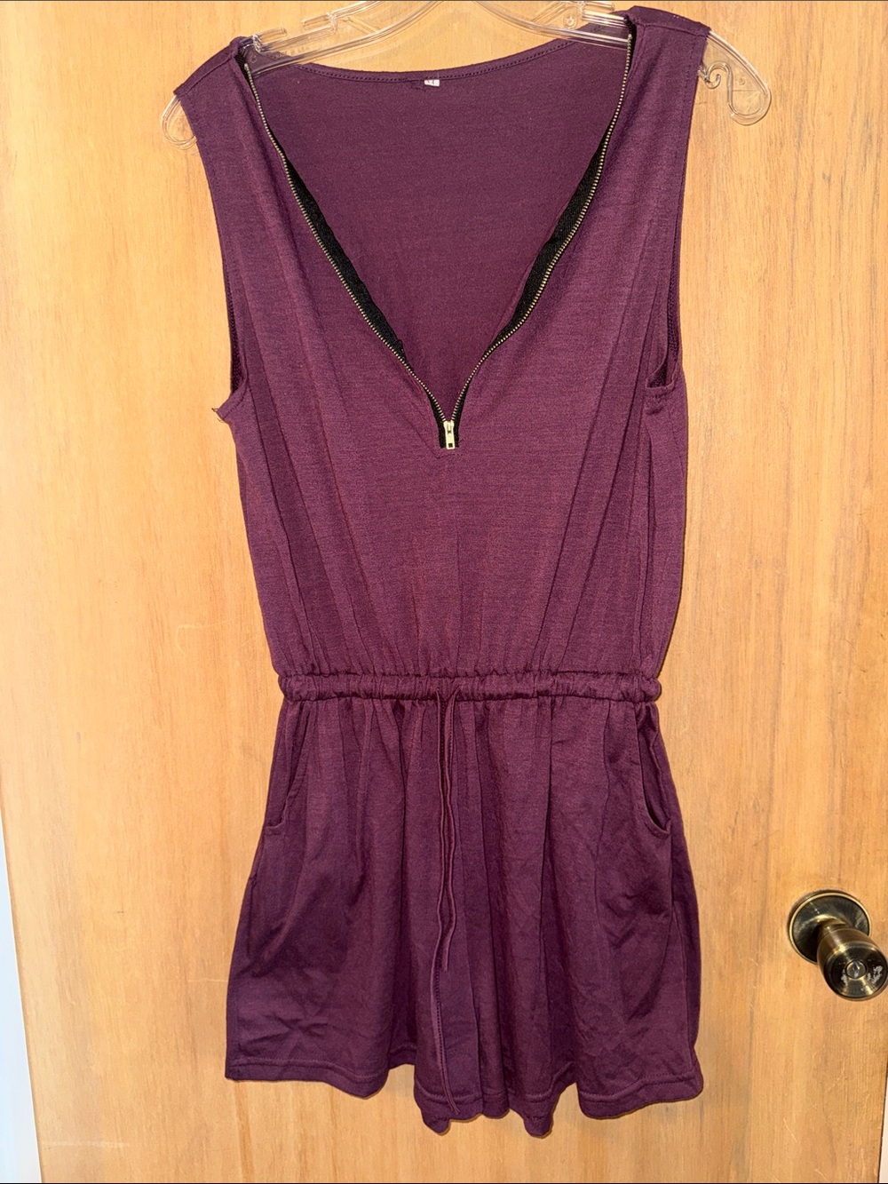 Sleeveless Zip-Front Romper in Deep Plum Cinched Waistband Pockets Medium